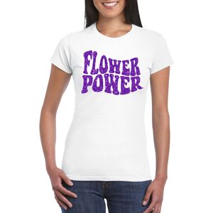 Wit Flower Power t-shirt met paarse letters dames - Sixties/jaren 60 kleding