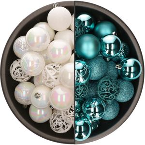 Bellatio Decorations Kerstballen mix - 74-delig - parelmoer wit en turquoise blauw - 6 cm - kunststof