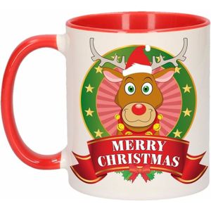 Kerst beker / mok - rood met wit - 300 ml keramiek - Rendier Rudolf print