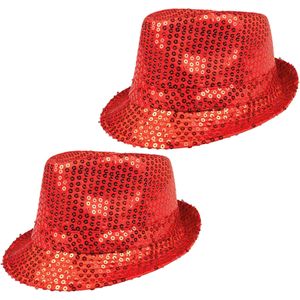 Boland Trilby hoeden met pailletten - 2x stuks - rood - glitter