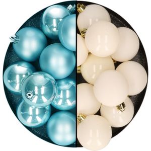 Decoris - kerstballen 24x st - mix wol wit/ijsblauw - 6 cm - kunststof - kerstversiering