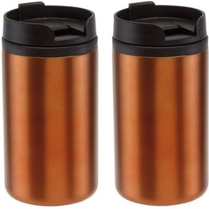 2x Thermosbekers/warmhoudbekers metallic oranje 290 ml - Thermo koffie/thee isoleerbekers dubbelwandig met schroefdop
