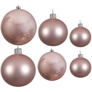 Compleet glazen kerstballen pakket lichtroze glans/mat 16x stuks - 6x 6 cm - 6x 8 cm - 4x 10 cm