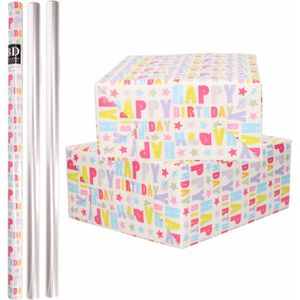 4x Rollen kraft inpakpapier happy birthday pakket - transparante folie 200 x 70 cm - cadeau/verzendpapier/cellofaan