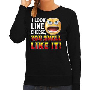 Funny emoticon sweater I look like cheese you smell like it zwart voor dames - Fun / cadeau trui