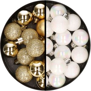 Kerstballen 34x st - 3 cm - goud en parelmoer wit - kunststof