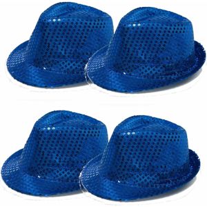 Trilby hoed met pailletten - 4x - blauw - polyester - glitter