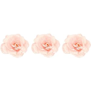 3x Roze roos kerstversiering clip decoratie 12 cm - Kerstboom rozen roze op clip 3 stuks