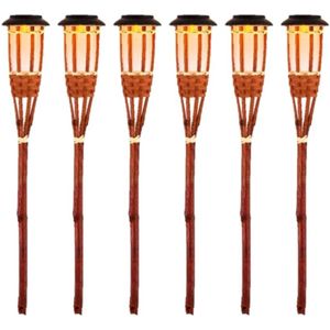 12x Oranje buiten/tuin Led fakkel Bodi solar verlichting bamboe 54 cm vlam - Tuinfakkel - Tuinlampen - Lampen op zonne-energie