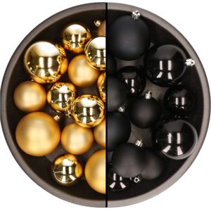Kerstversiering kunststof kerstballen kleuren mix zwart/goud 6-8-10 cm pakket van 44x stuks