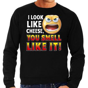 Funny emoticon sweater I look like cheese you smell like it zwart voor heren - Fun / cadeau trui