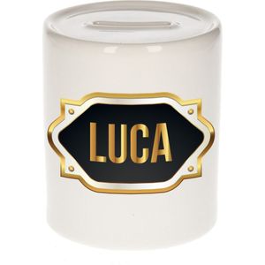 Luca naam cadeau spaarpot met gouden embleem - kado verjaardag/ vaderdag/ pensioen/ geslaagd/ bedankt