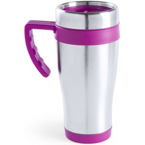 Warmhoudbeker/thermos isoleer koffiebeker/mok - RVS - zilver/roze - 450 ml - Reisbeker