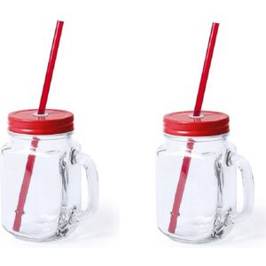 2x stuks Glazen Mason Jar drinkbekers rode dop en rietje 500 ml - afsluitbaar/niet lekken/fruit shakes