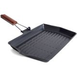 Zwarte grillpan/braadschaal 38 x 45 cm met anti-aanbak laag en houten handvat - Grillpannen - Koken - Vlees/voedsel grillen