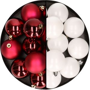 24x stuks kunststof kerstballen mix van donkerrood en wit 6 cm - Kerstversiering