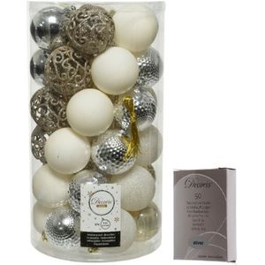 Kerstversiering mix pakket kunststof kerstballen zilver/parel/wit 37x stuks 6 cm met zilverkleurige ophanghaakjes