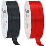 2x rollen satijn sierlint/cadeaulint - zwart en rood - 1 cm x 25m
