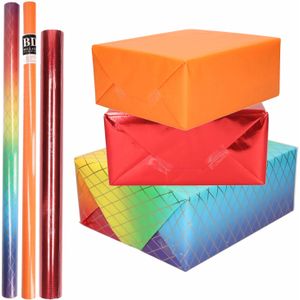 6x Rollen kraft inpakpapier regenboog pakket - regenboog/metallic rood/oranje 200 x 70/50 cm - cadeau/verzendpapier