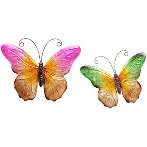 Anna Collection Wanddecoratie vlinders - 2x - groen/roze - 44 x 32 cm - metaal - muurdecoratie - tuin beelden van dieren