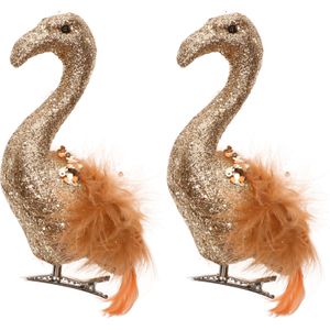 2x stuks decoratie vogels op clip flamingo rood 13 cm - Decoratievogeltjes/kerstboomversiering/bruiloftversiering