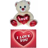Pluche knuffelbeer 20 cm met wit/rood Valentijn Love hartje incl. hartjes wenskaart