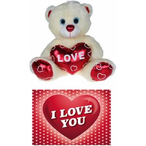 Pluche knuffelbeer 20 cm met wit/rood Valentijn Love hartje incl. hartjes wenskaart