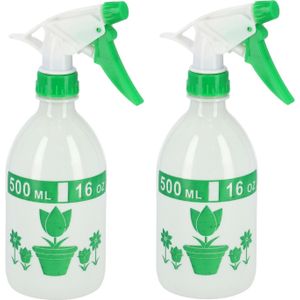 2x stuks waterverstuivers/spuitflessen 500 ml transparant/groen - Plantenspuiten/schoonmaakspuiten