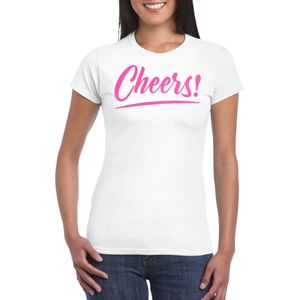 Bellatio Decorations Verkleed T-shirt voor dames - cheers - wit - roze glitter - carnaval