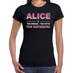 Naam cadeau Alice - The woman, The myth the supergirl t-shirt zwart - Shirt verjaardag/ moederdag/ pensioen/ geslaagd/ bedankt