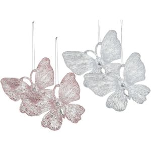 Kersthangers vlinders - 4x st - transparant en roze - 15 cm - kunststof