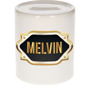Melvin naam cadeau spaarpot met gouden embleem - kado verjaardag/ vaderdag/ pensioen/ geslaagd/ bedankt