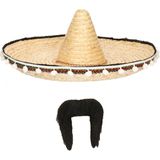 Carnaval verkleed set - Mexicaanse sombrero hoed met plaksnor - naturel - heren