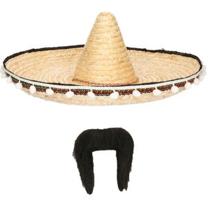 Carnaval verkleed set - Mexicaanse sombrero hoed met plaksnor - naturel - heren