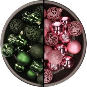 Kerstballen - 74x stuks - donkergroen en roze - 6 cm - kunststof