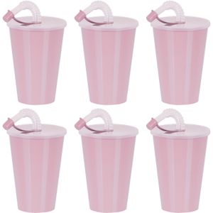 Juypal Drinkbeker met deksel en rietje - 12x - licht roze - kunststof - 450 ml - 12 x 9 cm