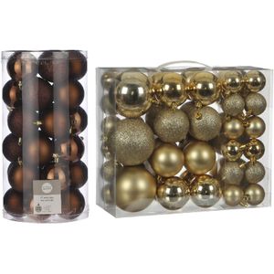 76x stuks kunststof kerstballen goud en bruin 4, 6 en 8 cm - Onbreekbare kerstballen kerstversiering