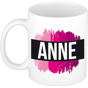 Anne  naam cadeau mok / beker met roze verfstrepen - Cadeau collega/ moederdag/ verjaardag of als persoonlijke mok werknemers