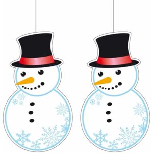 2x stuks kerst hangdecoratie sneeuwpop 41 x 25 cm - Winter thema versieringen