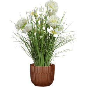 Kunstbloemen boeket wit in pot bruin - keramiek - H40 cm