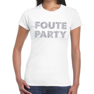 Foute Party zilveren glitter tekst t-shirt wit dames - foute party kleding