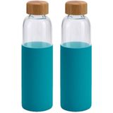 2x Stuks glazen waterfles/drinkfles met turquoise blauwe siliconen bescherm hoes 600 ml - Sportfles - Bidon