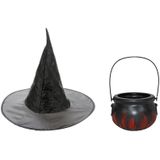 Heksen accessoires set hoed met ketel 15 cm voor meisjes