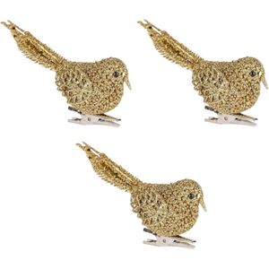 6x Kerstboomversiering glitter gouden vogeltjes op clip 12 cm - Kerstboom decoratie vogeltjes