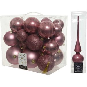 Kerstversiering kunststof kerstballen oud roze 6-8-10 cm pakket van 27x stuks - Met glans glazen piek van 26 cm