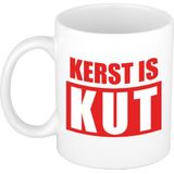 Set van 4x stuks cadeau kerstmokken kerst is kut - 300 ml - rood / wit - keramiek - koffiemokken / theebekers - Kerstmis - kersthater