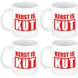 Set van 4x stuks cadeau kerstmokken kerst is kut - 300 ml - rood / wit - keramiek - koffiemokken / theebekers - Kerstmis - kersthater