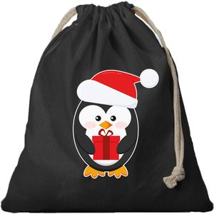 6x Kerst Pinguin cadeauzakje zwart met sluitkoord - katoenen / jute zak - Kerst cadeauverpakking zakjes