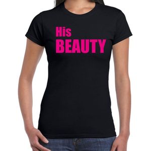 His beauty t-shirt zwart met roze letters voor dames - fun tekst shirts / grappige t-shirts