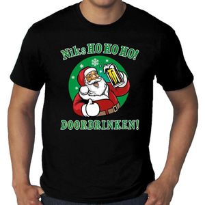 Grote maten fout Kerst t-shirt - bier drinkende kerstman - niks HO HO HO doordrinken - zwart voor heren - kerstkleding / kerst outfit